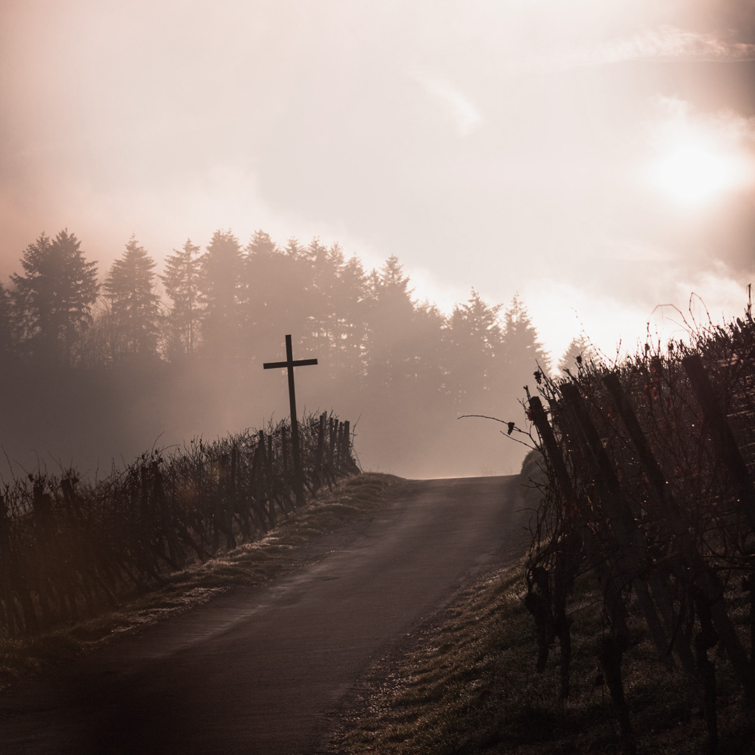 polna droga nad nią mgła a przy drodze stoi krzyż
