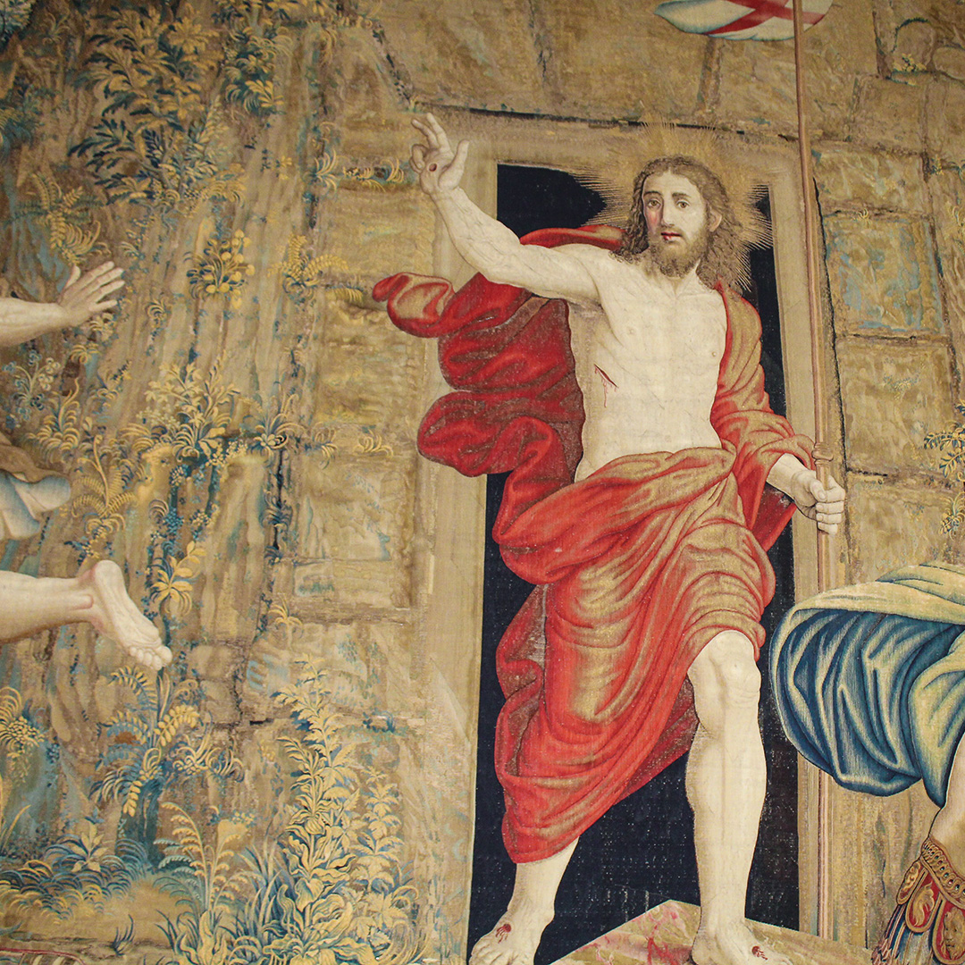fragment obrazu na którym z groty wychodzi Pan Jezus Chrystus Zmartwychwstały