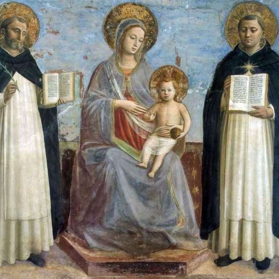 Św. Dominik Guzman i Madonna z Dzieciątkiem Jezus i św. Tomasz z Akwinu fresk Fra Beato Angelico
