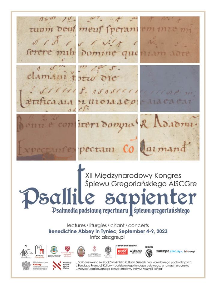 zaproszenie na XII Międzynarodowy Kongres Śpiewu Gregoriańskiego AISCGre który odbędzie się w Opactwie Benedyktyńskim w Tyńcu pod Krakowem w dniach 4-9 września 2023 roku
