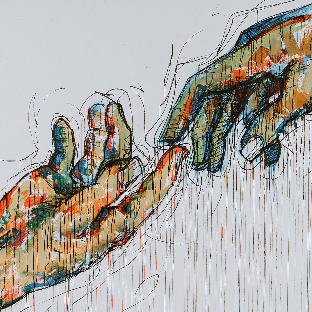 Mural przedstawiający ręce stykające się palcami