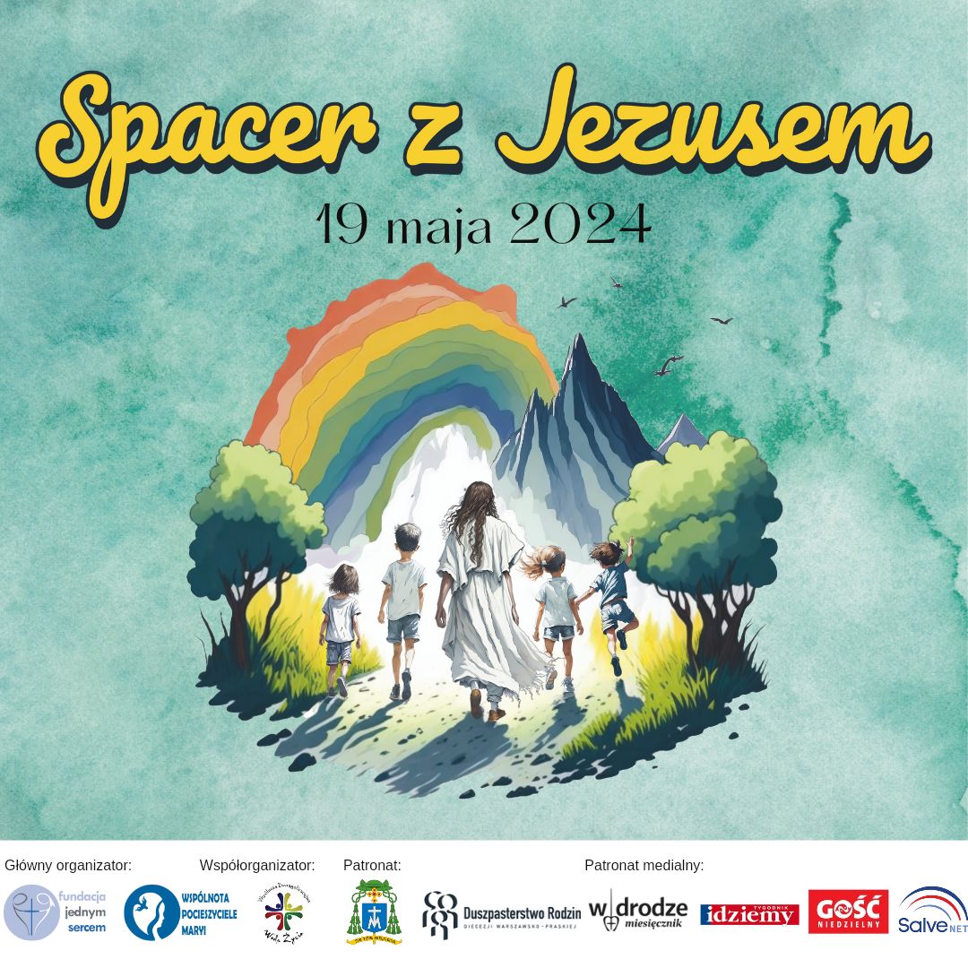 plakat zapraszający na piknik rodzinny Spacer z Jezusem w Warszawie