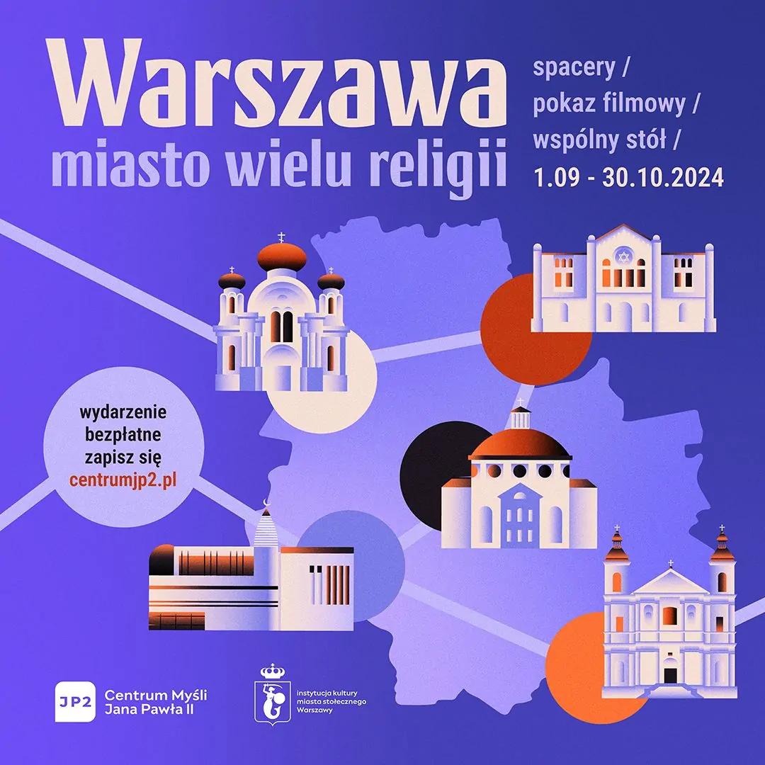 plakat projektu Warszawa miasto wielu religii organizowanego przez Centrum Myśli Jana Pawła II