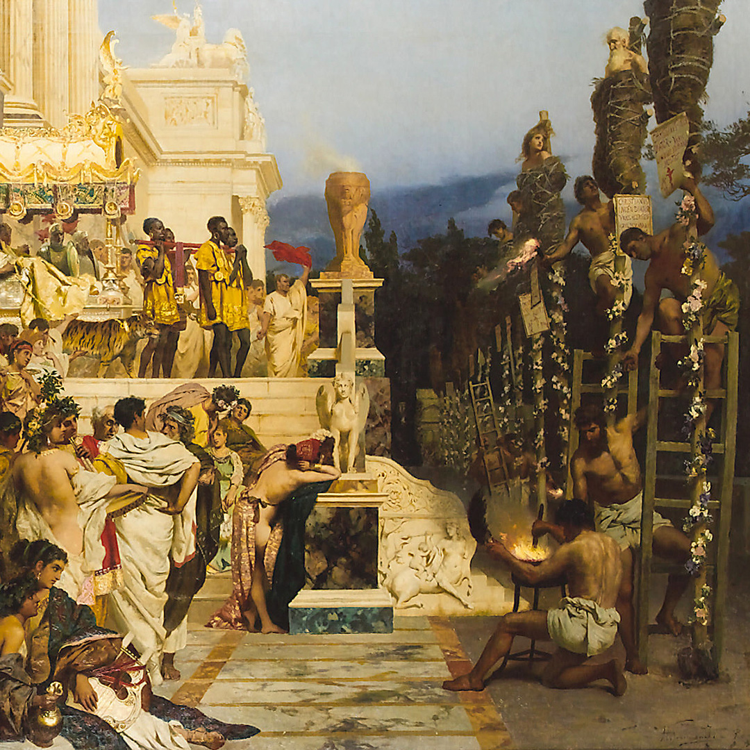 Obraz Henryka Siemiradzkiego zatytułowany "Pochodnie Nerona" z Muzeum Narodowego w Krakowie. Olej na płótnie, 1876.